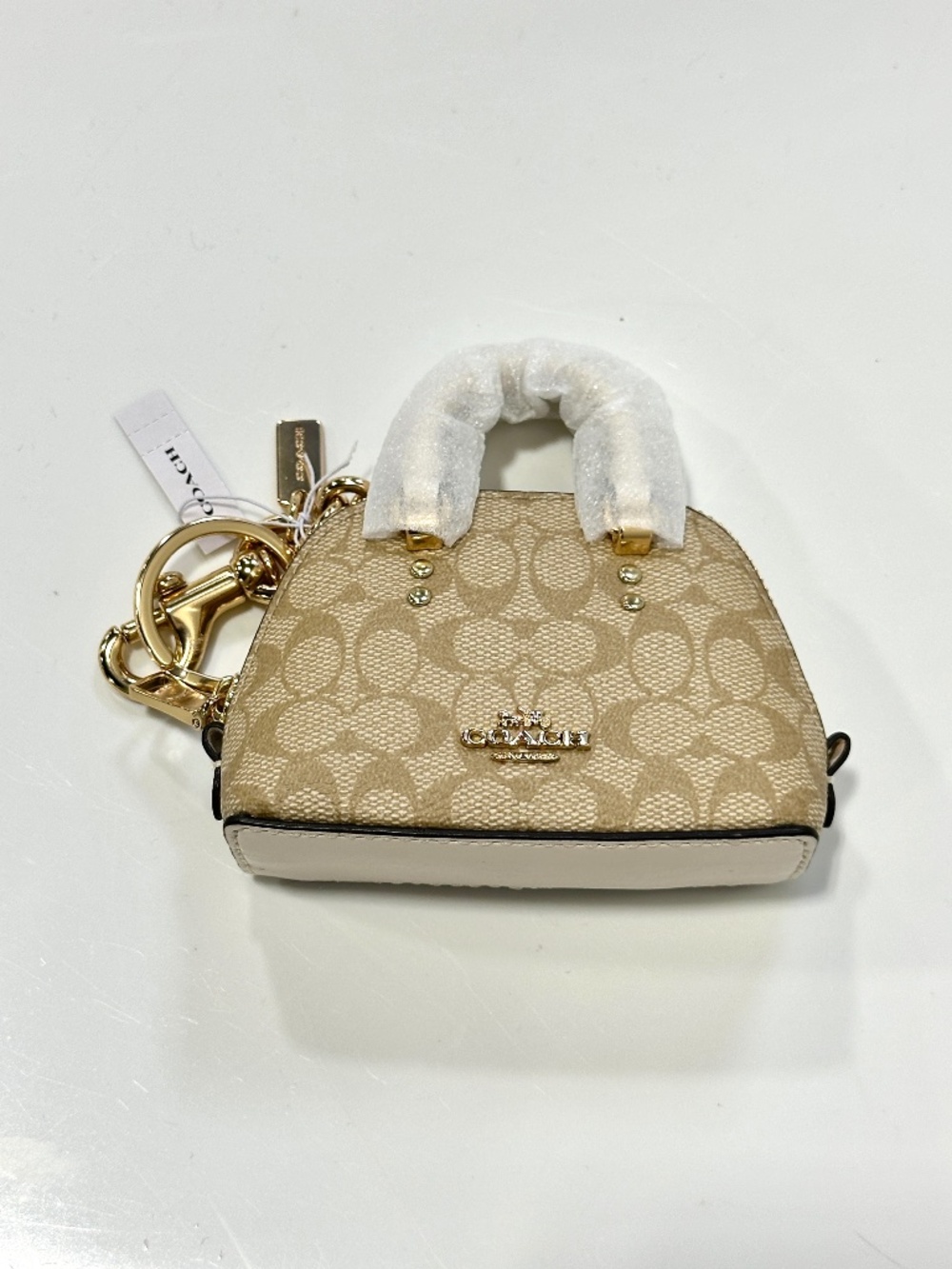 NWT New Coach Mini Katy Satchel Bag Charm Signature Canvas Light Khaki Keychain